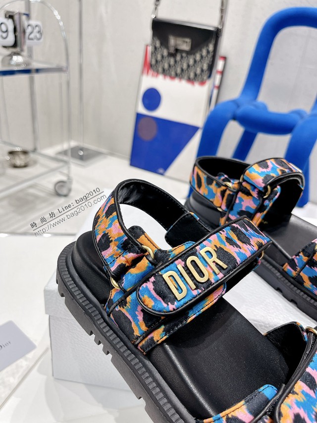 Dior迪奧2022新款新色系魔術貼涼鞋原版複刻專櫃豹紋系沙灘涼鞋女士涼鞋 dx3089